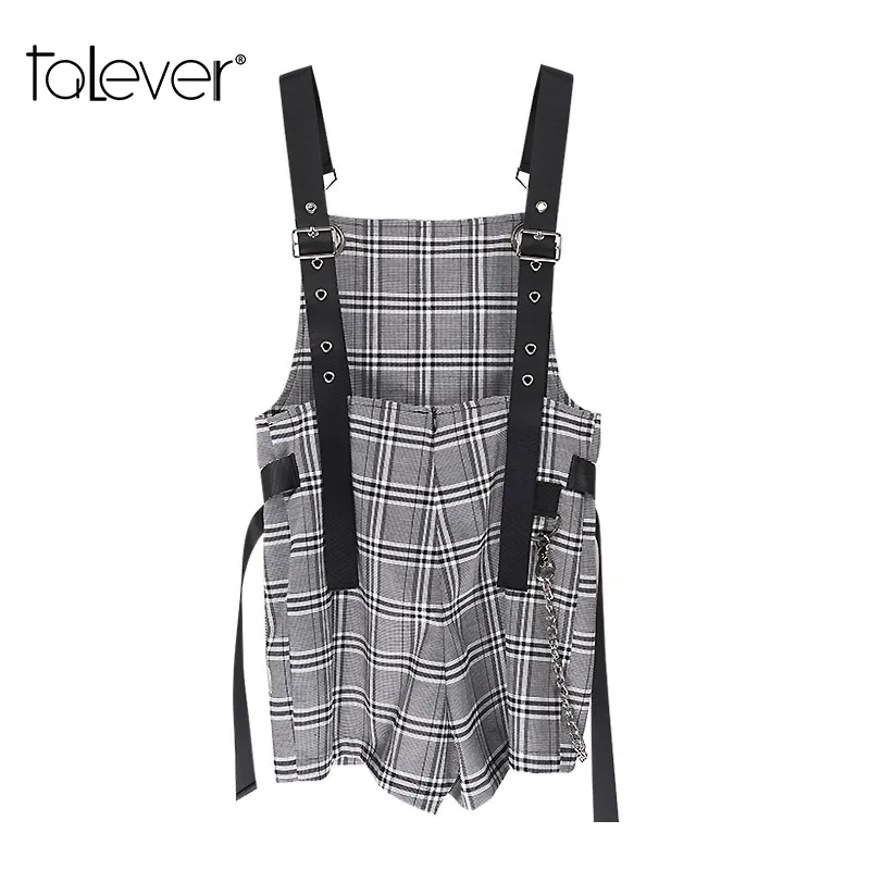 Women Sexy Strap 100% Cotton Plaid Playsuit Female Casual Pockets Streetwear Slim Jumpsuit Fashion Lady Autumn Overalls Talever Jumpsuits and Playsuits