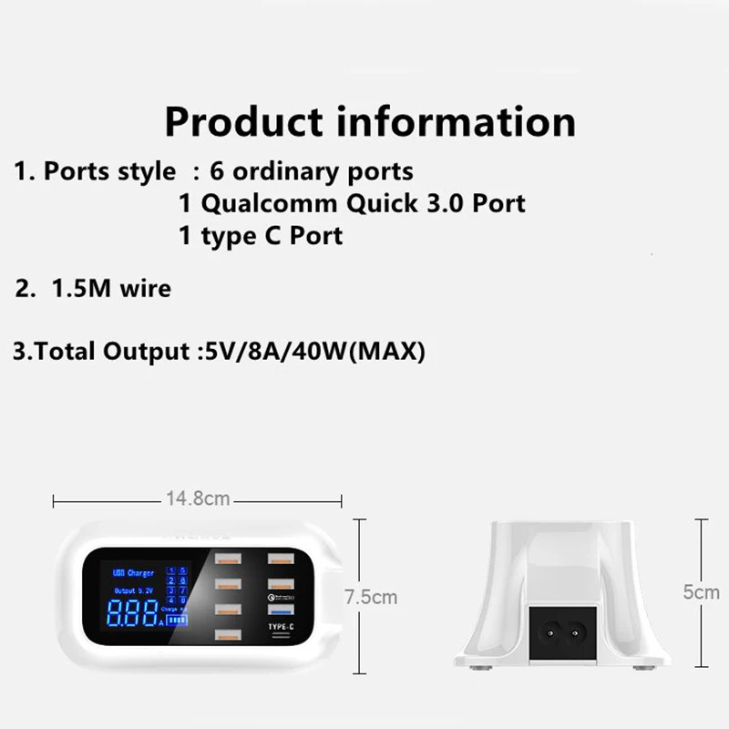 7 портов usb type C умное быстрое зарядное устройство 3,0 док-станция ЖК-дисплей адаптер питания розетка адаптер для iPhone 7 8 EU UK вилка