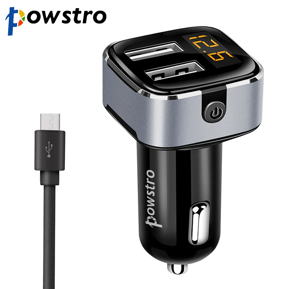 Powstro выключатель питания Автомобильное зарядное устройство 3.1A 2 USB быстрая зарядка автомобильное зарядное устройство адаптер вольтметр Обнаружение тока с кабелем Micro USB 2A