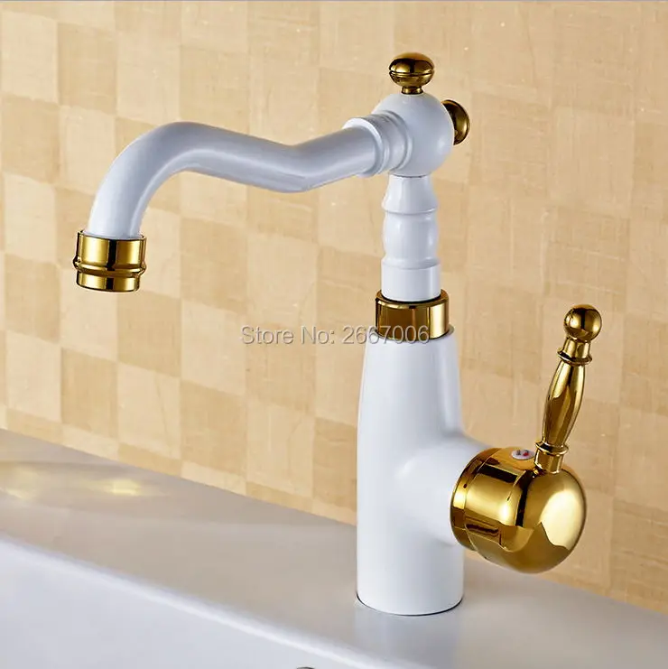 Free Shipping New Bathroom Faucet Grilled White Paint Gold Finish