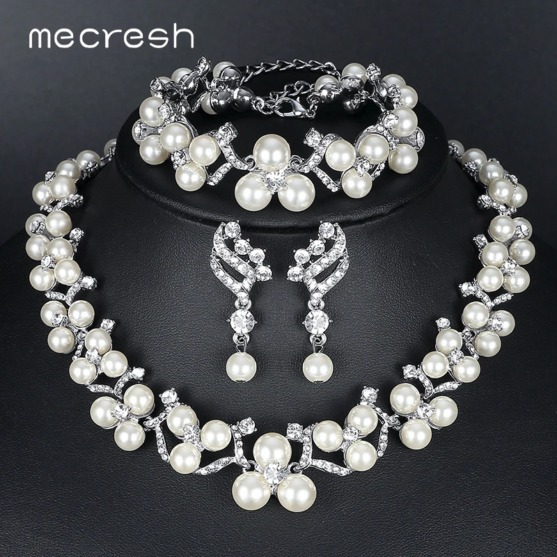 Mecresh simulado joyería La Perla conjuntos 2018 nuevo pendientes y joyas boda Sets de brazaletes de collar para las mujeres MTL472 + MSL246|pearl bridal jewelry sets|necklace setbracelet necklace set