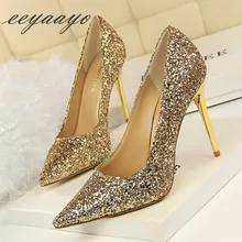 2019 New Spring/Autumn Women Pumps High Thin Heel Pointed Toe Bling Bridal Wedding Women Shoes Gold Sexy Ladies High Metal Heels jawakye bling gold silver pumps women sequin high heels metal chain silk ribbon wedding bridal shoes women chaussure femme