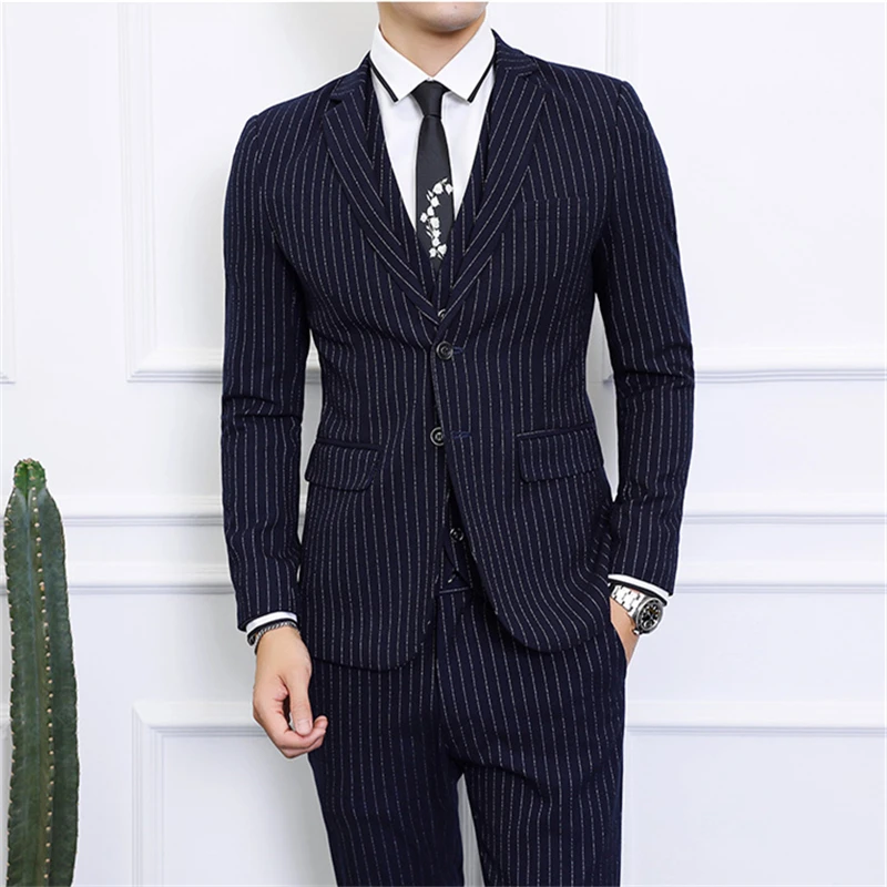 

Asian Size S - 6XL Men Dress 3 Piece Set Gray Blue Black Men Striped Blazer jacket with Pants & Vest Waistcoat