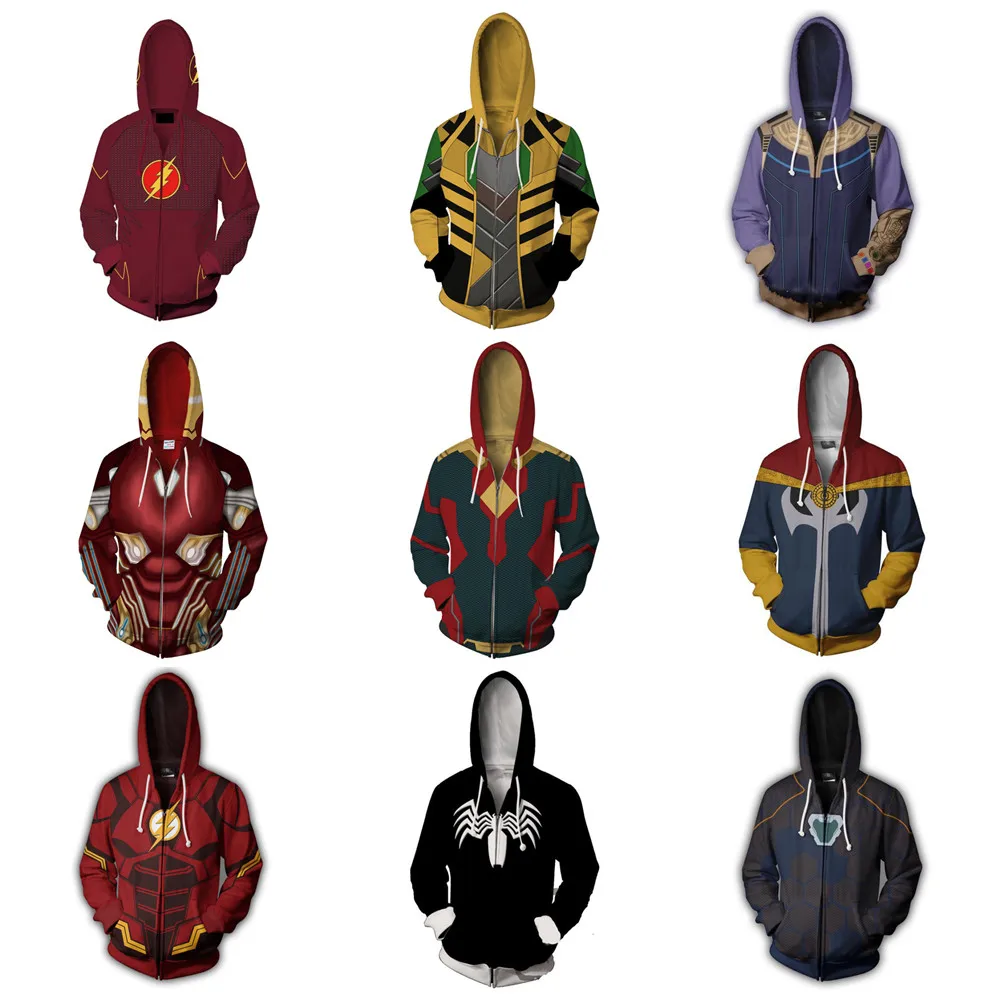 

New arrival Avengers Superhero Iron Man/Lightning man/Loki Zippered hoodie men/women 3D printed Long Sleeve Zippered Sweatshirts