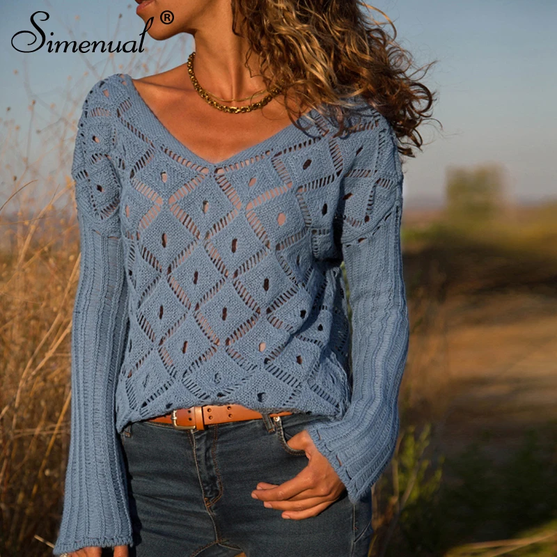 

Simenual Hollow Out Knittwear Pullovers Women Solid Basic Long Sleeve Sweaters V Neck Transparent Autumn 2019 Fashion jumper New