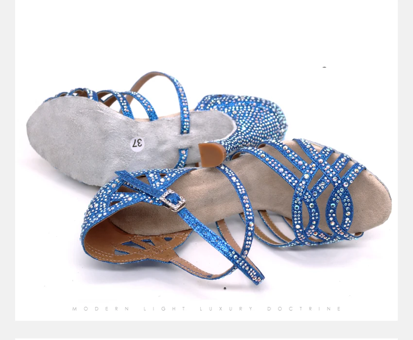Wuxijiao prata azul strass sapatos de dança
