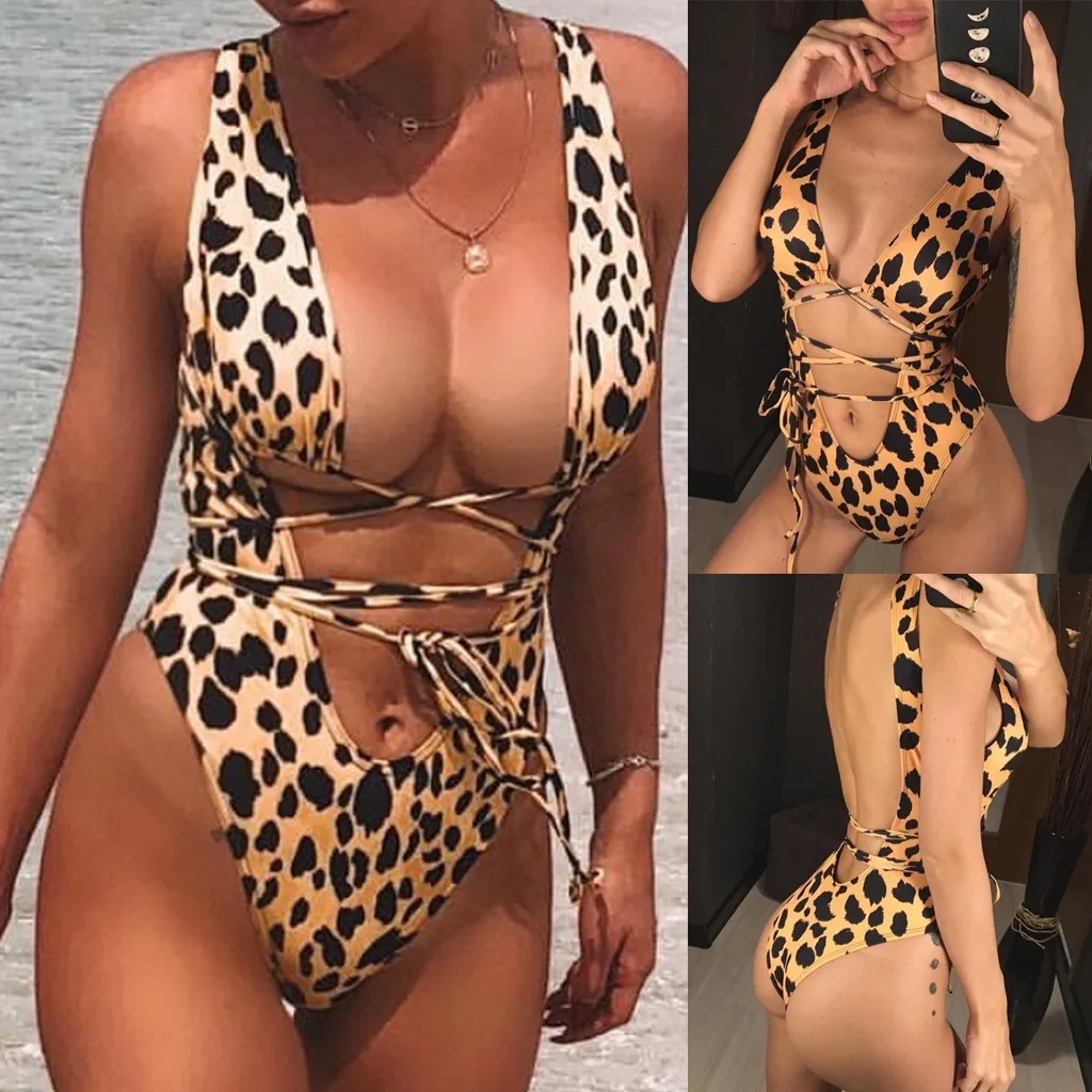 

Summer New Sexy Women One Piece Serpentine Leopard Printed Monokini Bandage Bathing Suit Push Up Padded Bikini Swimsuit Swimwear
