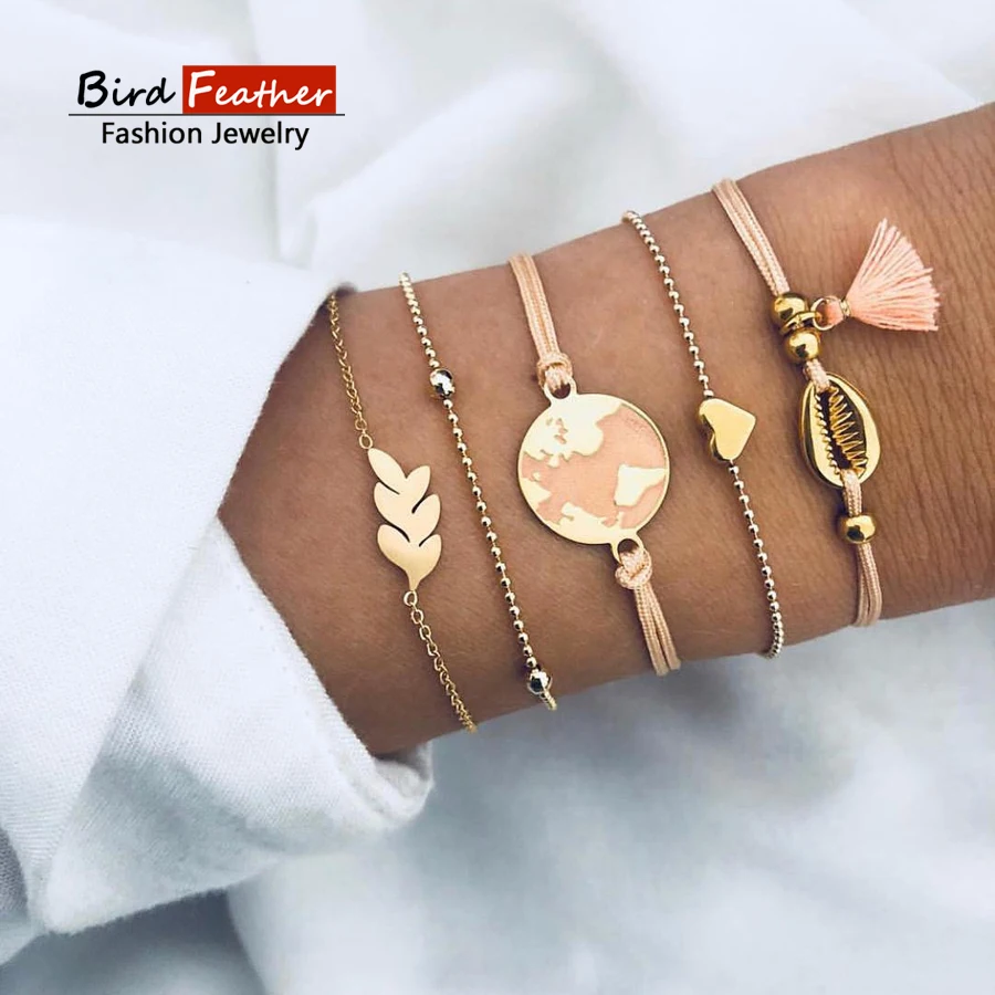 

Gold color Bohemian Handmade Weave Tassel shell map Bracelet Sets Women 2019 New Rope Chain Bracelets Retro Jewelry Accessories