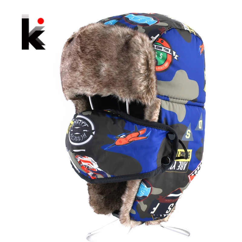 

Bomber Hats For Boys And Girls Winter Kids Outdoor Faux Fur Thick Caps With Ear Flaps Warm Children Camo Trapper Hat Masks cap