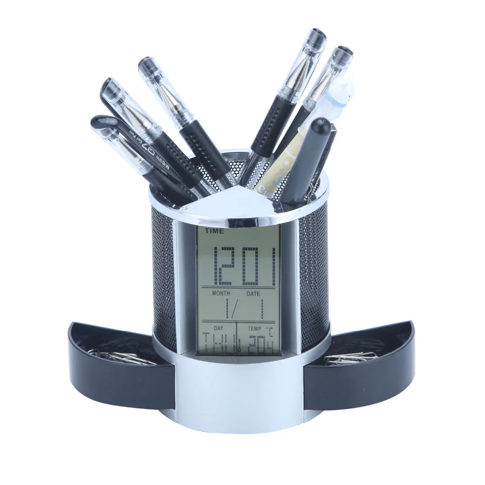 

Multifunctional Digital Desk Pen Holder LCD Alarm Clock Thermometer Calendar Pencil Rack Desktop Office Decor