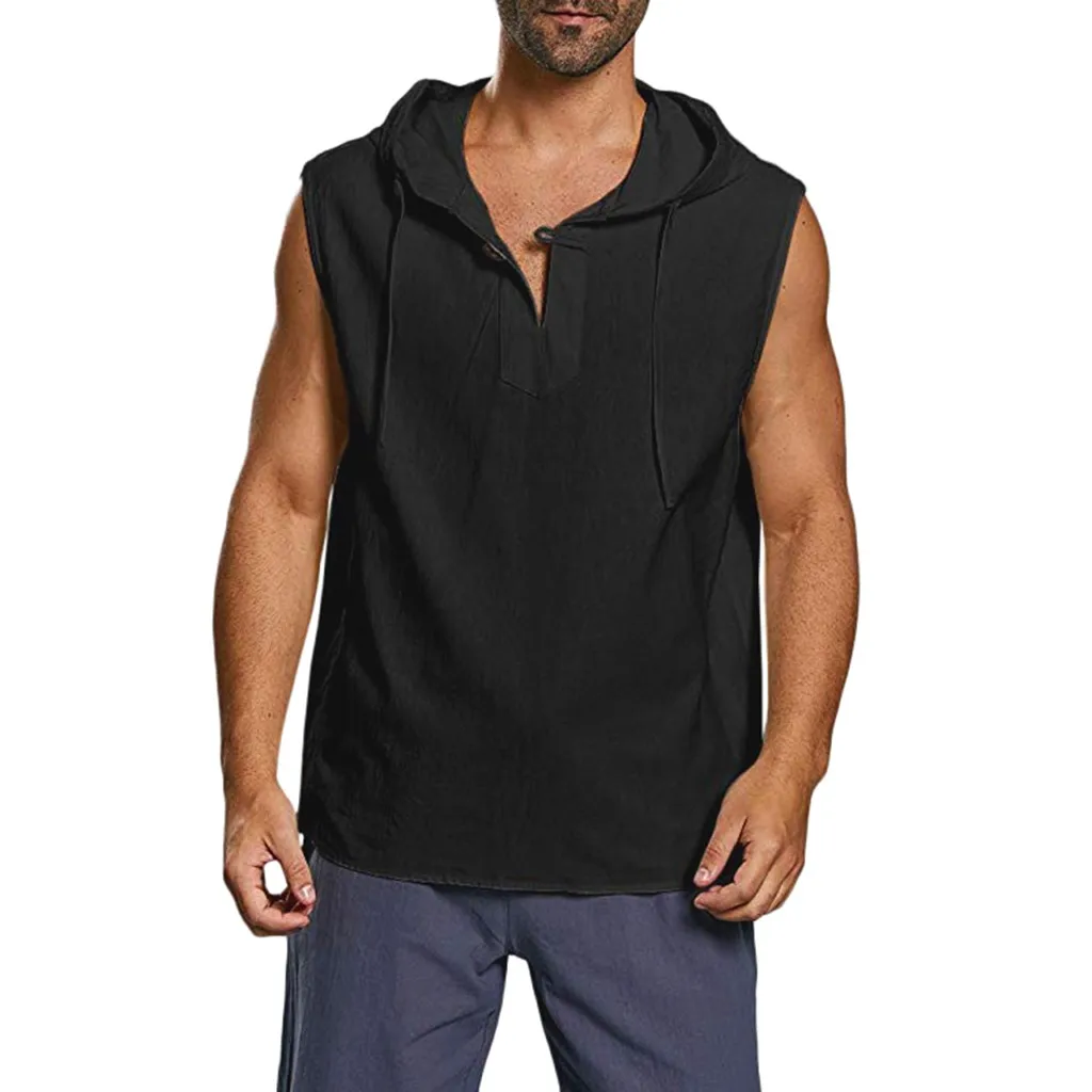 Men's Baggy Cotton Linen Solid Button Beach Sleeveless Hooded Shirt Tank Tops