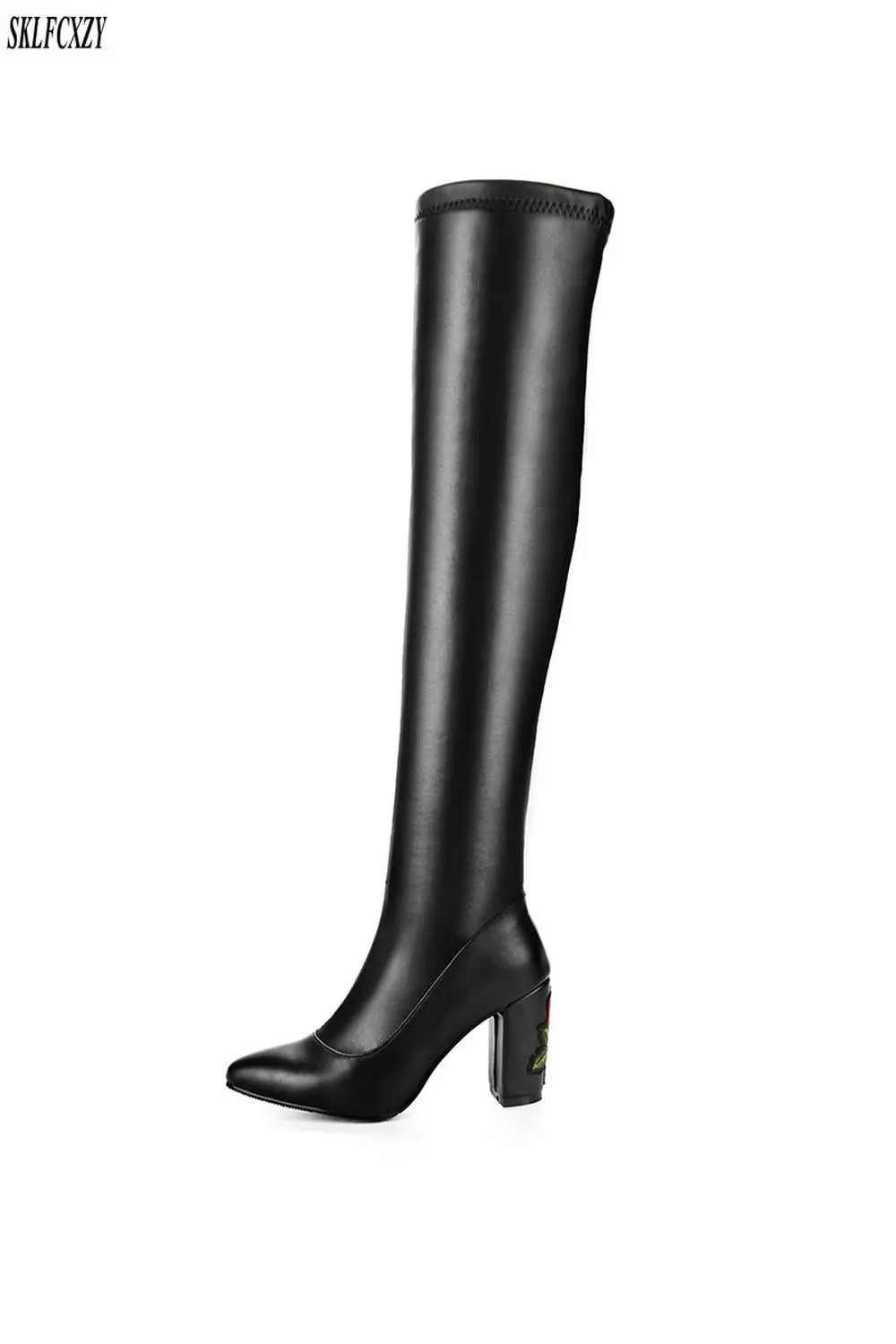 

SKLFCXZY New fashion women knee-high embroidered rose boots heels women's boots European women's shoes size 34-43