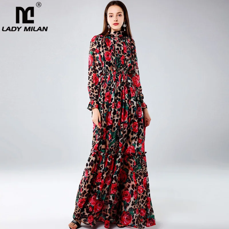 

Lady Milan Women's Designer Runway Dresses O Neck Long Sleeves Roses Leopard Printed Ruffles Elegant Maxi Casual Dresses
