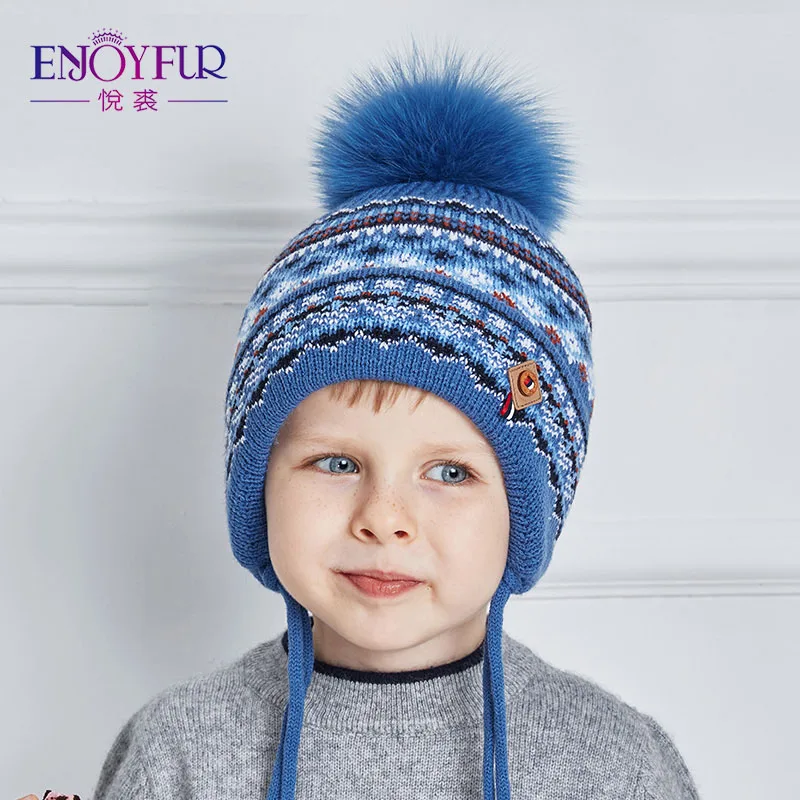 Теплая вязаная шапка для мальчиков ENJOYFUR, детская плотная хлопковая шапка-ушанка с геометрическим узором и помпоном из натурального лисьего меха, для зимы - Цвет: 24F