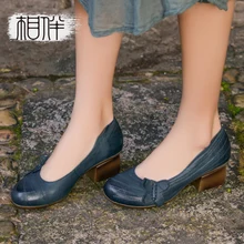 2017 new spring women heels leather ladies shoes handmade women shoes pumps shallow mouth round shoes