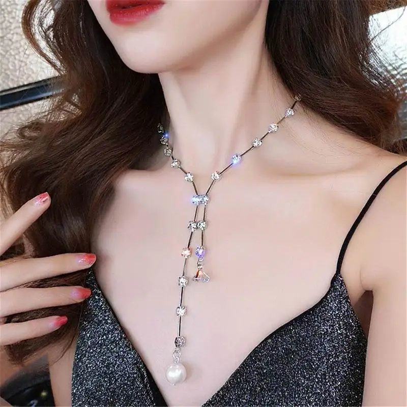 

Sexy Rhinestone Chain Long Necklace Women 2019 Fashion Jewelry Wholesale Party Dress Accessories