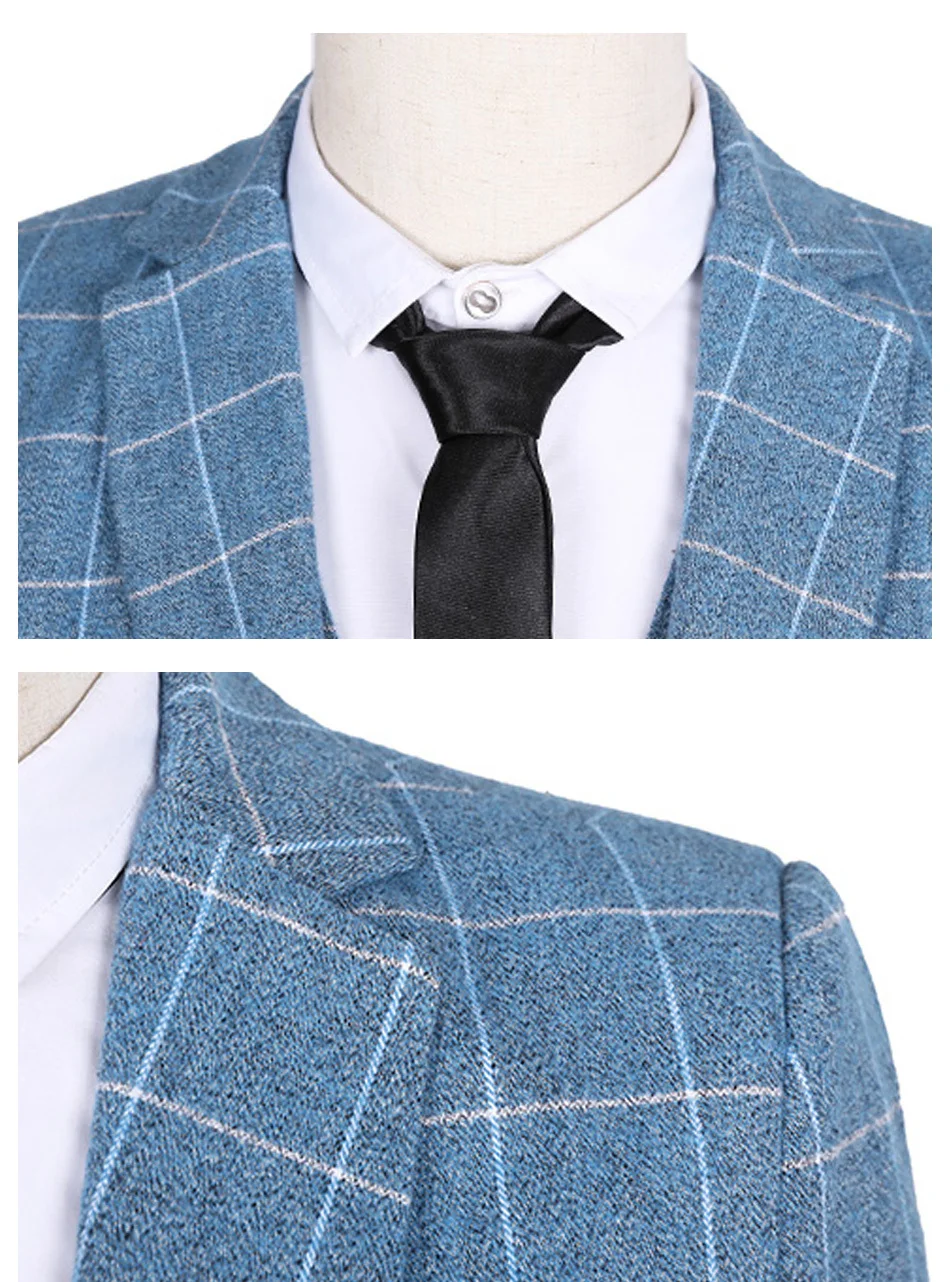 (Пиджак + брюки + жилет) новые поступления Костюмы Для мужчин синий плед деловой блейзер Модные брендовый костюм Homme свадебное платье