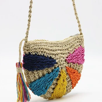 

AUAU-Fashion Crochet Summer Beach Bags Colorful Straw Bag Bohemian Tassel Shoulder Messenger Bag Rattan Knit Bag
