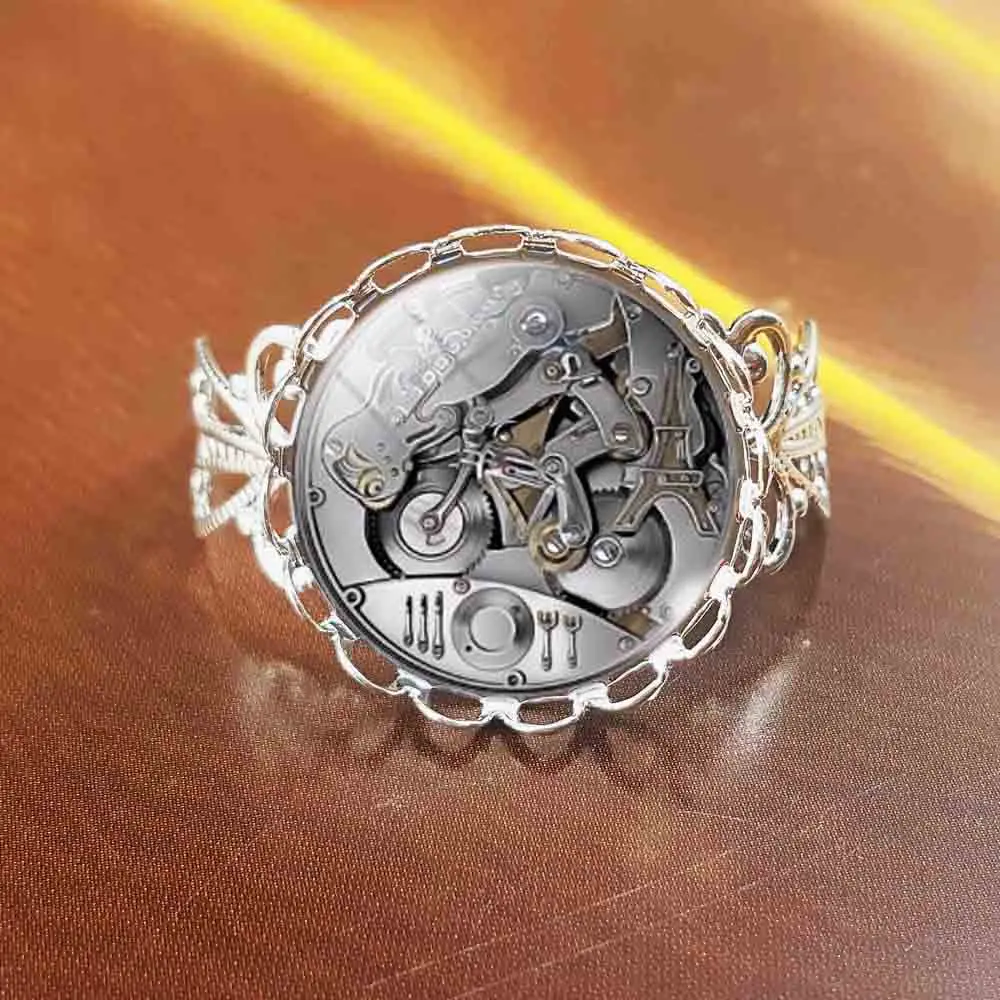 

QiYuFang Vintage Mechanical Gear Steampunk Art Glass Cabochon ring Bronze Silver Chain rings Women Jewelry