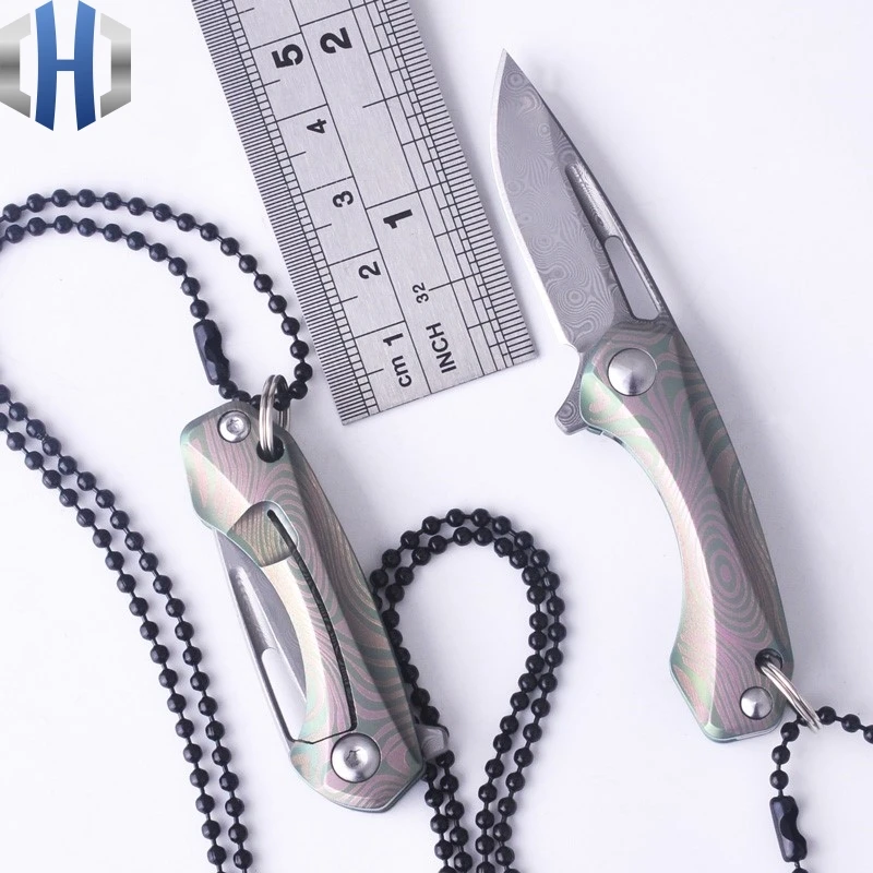 Mini Folding Paper Out Of The Box Folding Knife Pocket Carry EDC Key Ring Necklace TC4 Titanium Damascus Blade