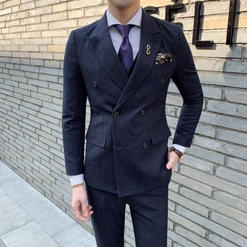 

Double Breasted Suits Mens Striped Terno Masculino Slim Fit Business Mens 3 Piece Suits Social Wedding Suits for Men Grey Tuxedo