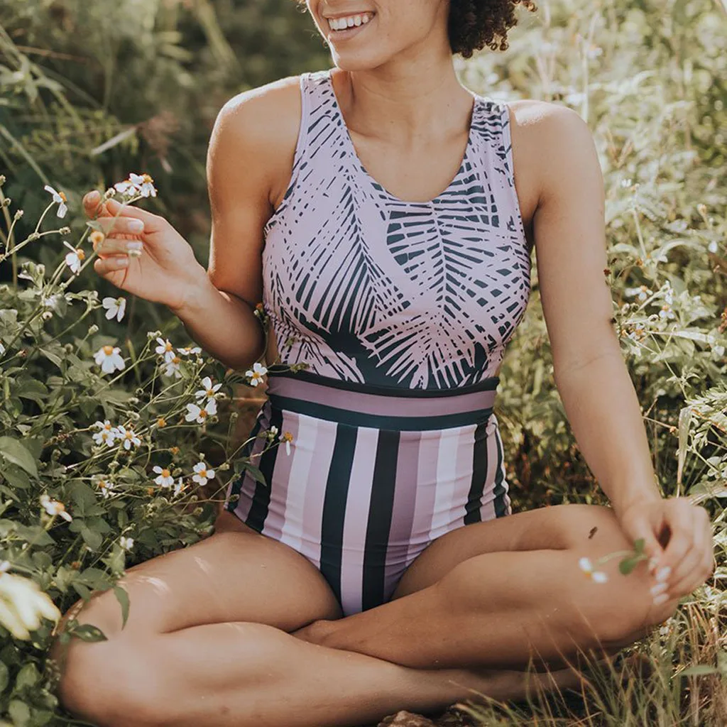 Women Plus Size Stripe Leaf Bandage Bikini Jumpsuit Swimsuit Beachwear