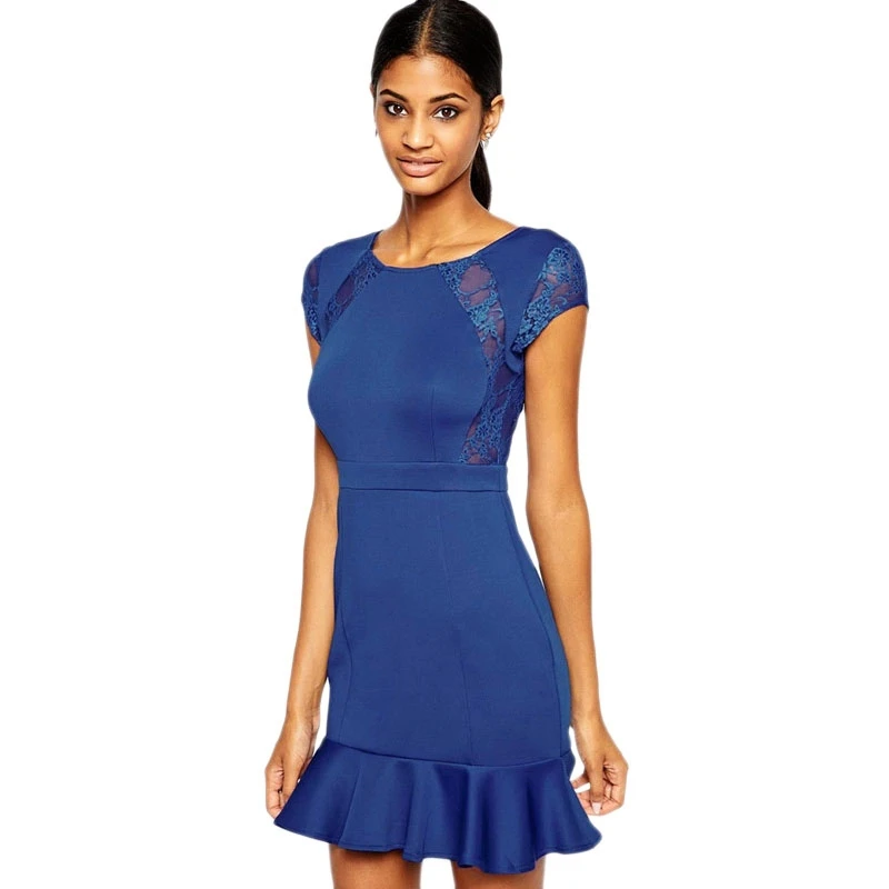 Hot Sale 2015 Elegant Hip-hugging FIguring Lace Split Joint Falbala Boat Neckline Short Sleeve Dress Blue Free Shipping | Женская одежда