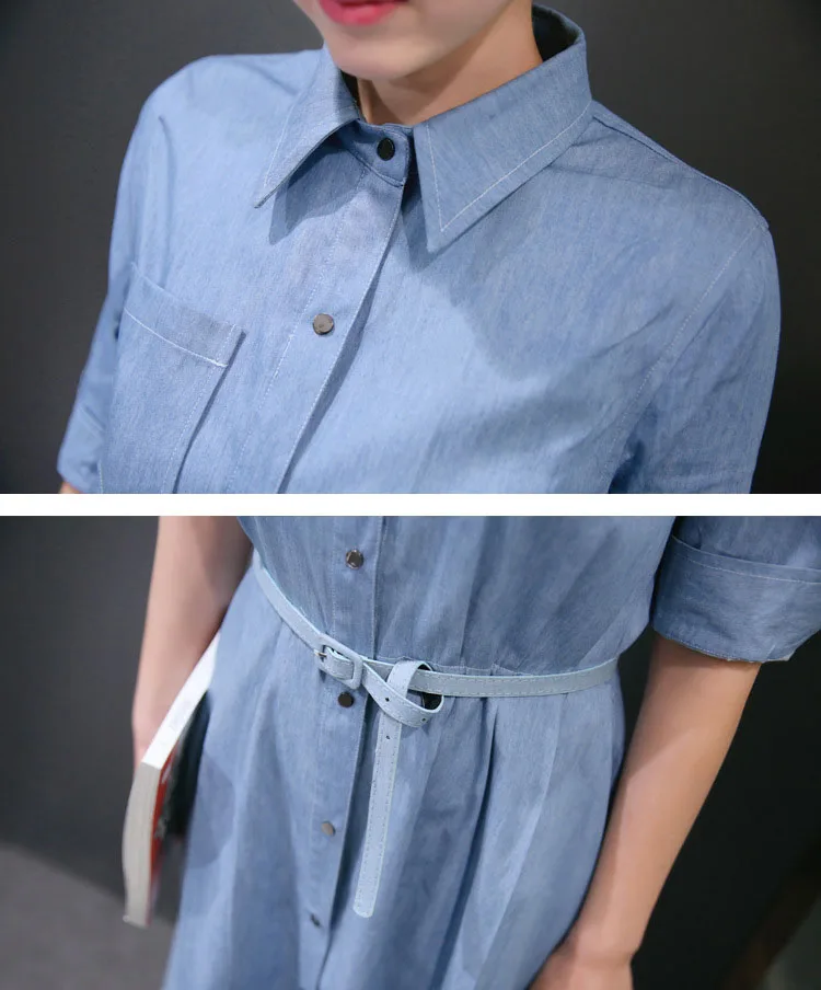  Women's clothing solid color half-sleeved belt slim denim shirt dress ladies fashion casual long section jeans dress (17)