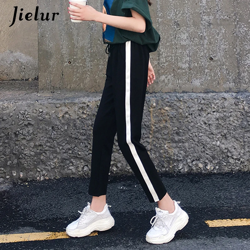 Jielur/Харадзюку женские штаны шаровары в полоску сбоку тонкие Moda Mujer 2018