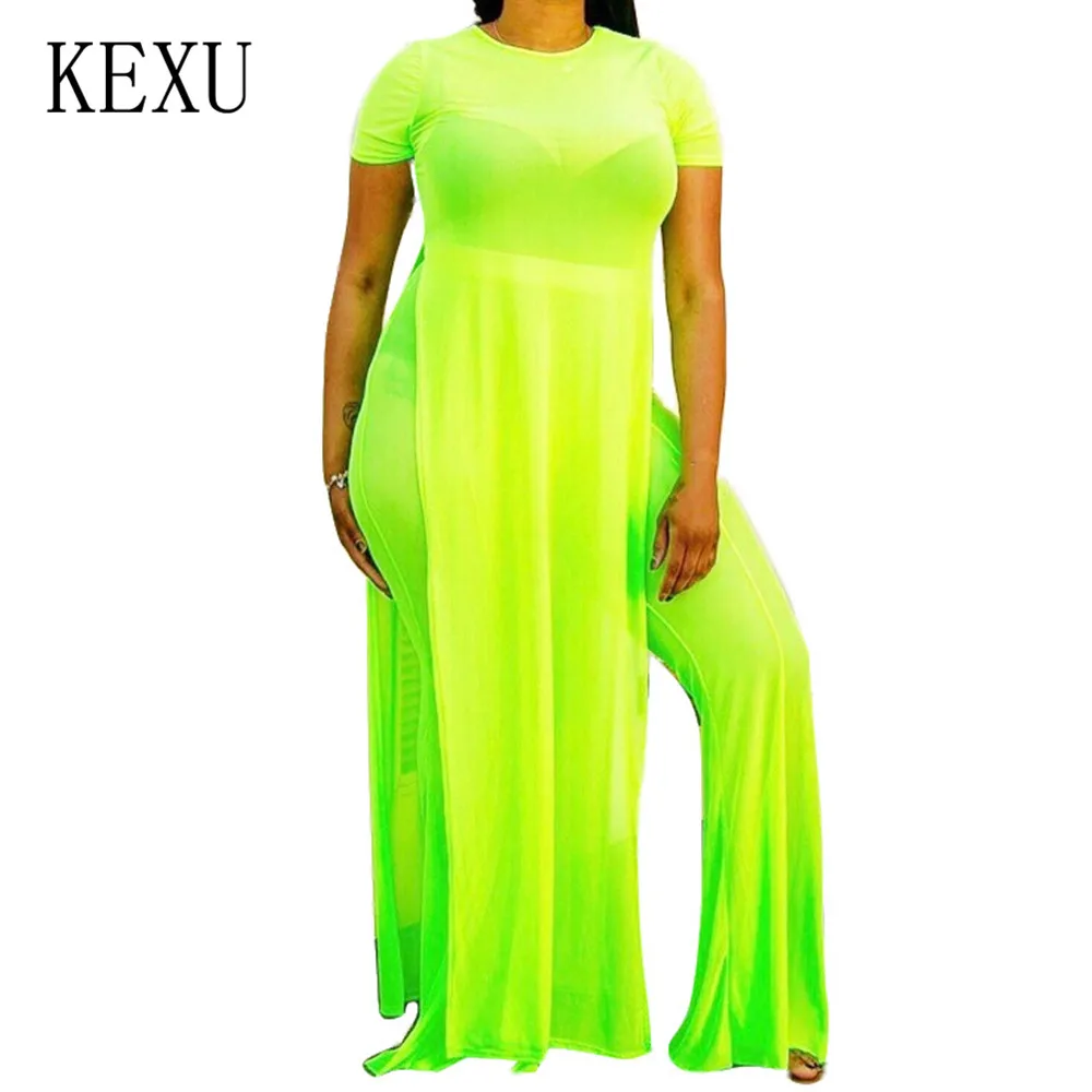 

KEXU Two Pieces Sets Long Top and Skinny Pants Summer See Through Mesh Women Beach Holiday Jumpsuits Femme Party Club Overalls