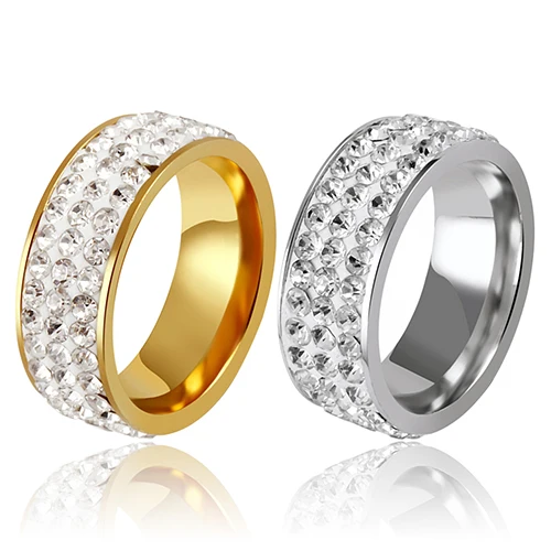 

2016 Women Men Luxury 3 Rows Rhinestone Titanium Steel Band Ring Wedding Jewelry Gift AR62