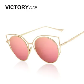 

VictoryLip Cat Eye popular Fashion Sunglasses Women Brand Designer UV400 Mirror Men Sun Glasses Female Metal Frame Hollow Out