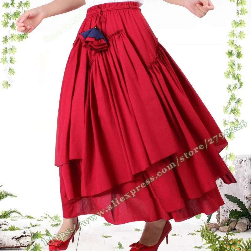 Винтажная Ретро Повседневная красная черная хлопковая льняная плиссированная Асимметричная плиссе танцевальная Женская юбка/макси юбки для женщин