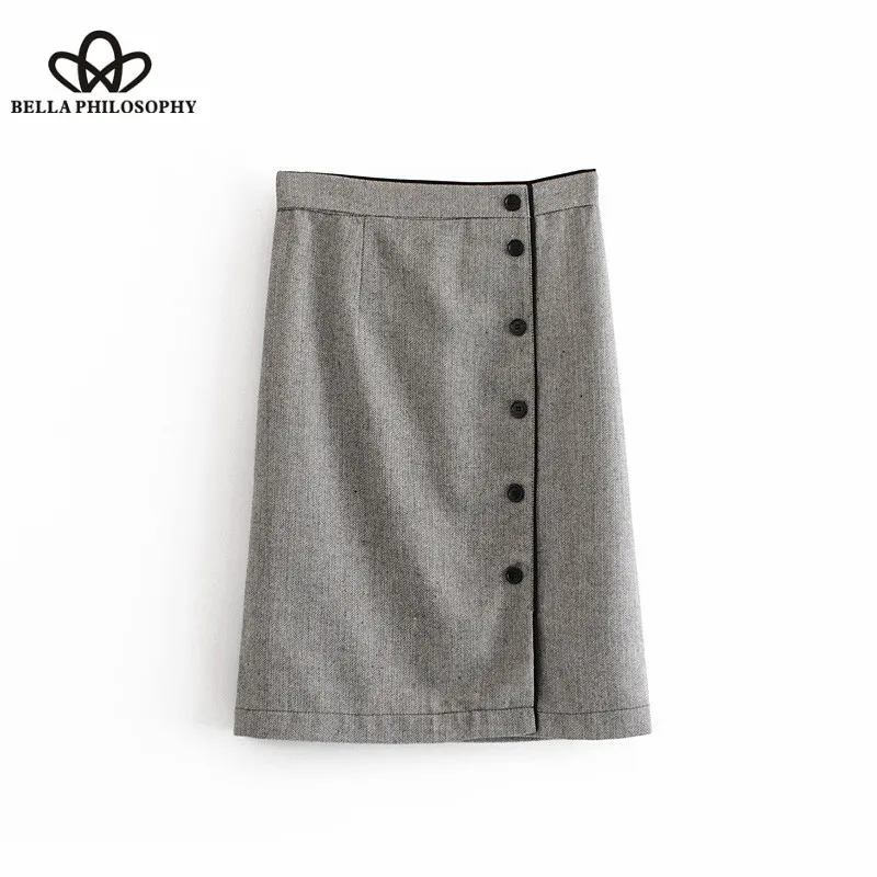 Wonder 2018 new Vintage Elegant Buttons OL Knee Length Skirt Back Zipper Fly Split Office Ladies Skirts Casual Faldas Mujer