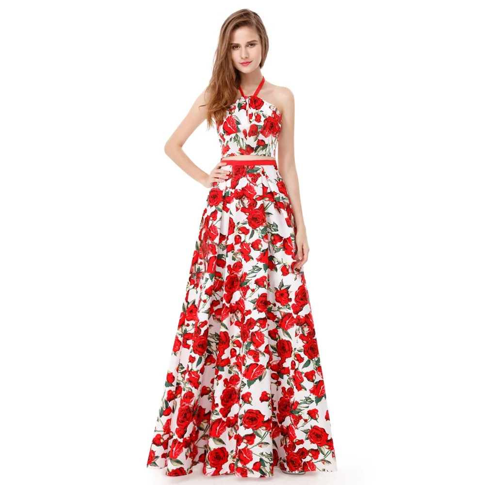 

Floral Print Two Piece Prom Dress 2018 Halter Backless Gala Jurken Ever-Pretty EP08969WR A Line Saty Party Dresses for Prom