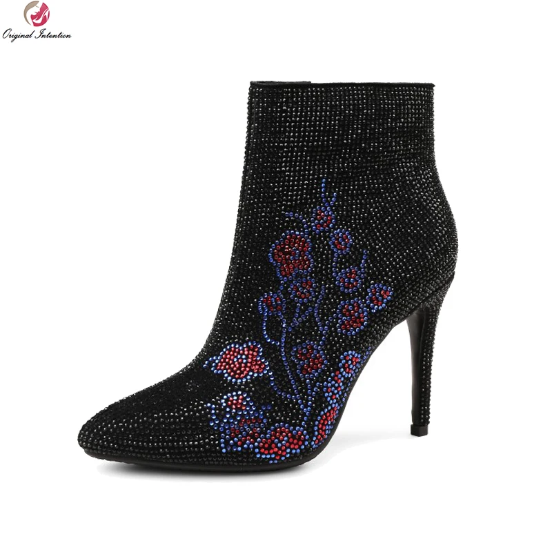 

Original Intention Fashion Women Ankle Boots Rhinestone Sexy Pointed Toe Thin High Heels Boots Black Shoes Woman US Size 4-8.5