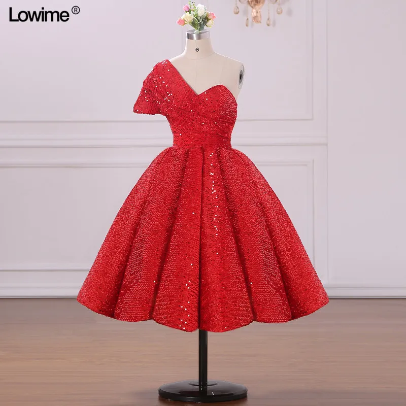 Shiny Red Sequined Arabic Ball Gown Prom Dresses Evening Gown Abendkleider One Shoulder Tea Length Women Party Dress (2)