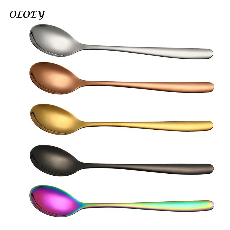 

5 Color Stainless Steel Spoons With Long Handle Spoons Rose Gold Soup Spoon for Ice Cream Dinner Spoons Rice/Salad Tableware