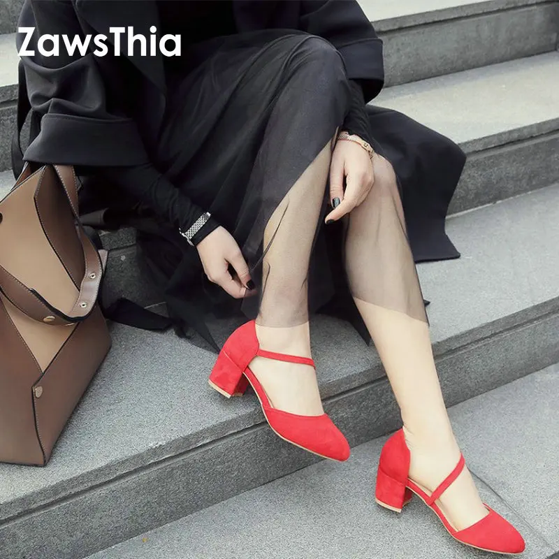 

ZawsThia 2019 summer sweet lady summer shoes solid red green color med heel shoes for woman sandals women plus size 43 44 45 46