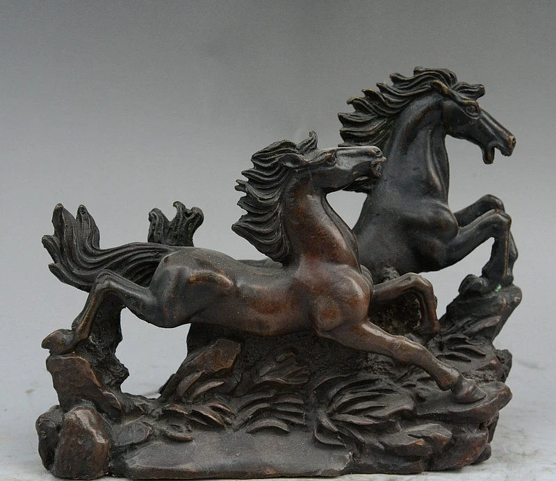 

Chinese Bronze Fengshui Auspicious Success Lucky Animal Running Two Horse Statue