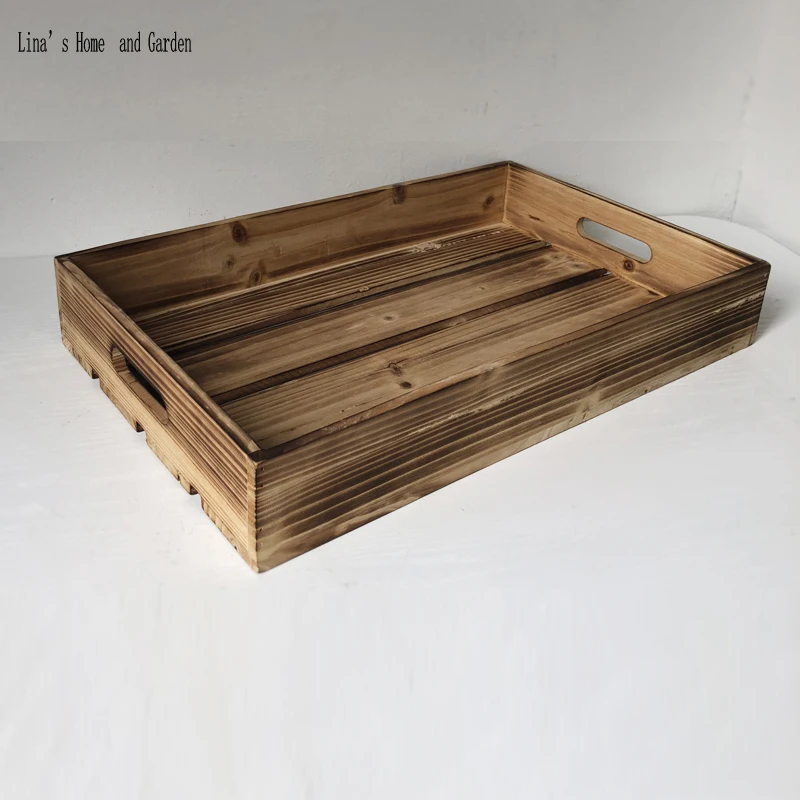 vintage farmhouse solid rectangle home decor wooden trays with cutout handles (5)