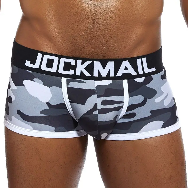 Бренд JOCKMAIL, новинка, сексуальное мужское нижнее белье с камуфляжным принтом, боксеры, удобные боксеры, трусики для геев, пениса - Цвет: Серый