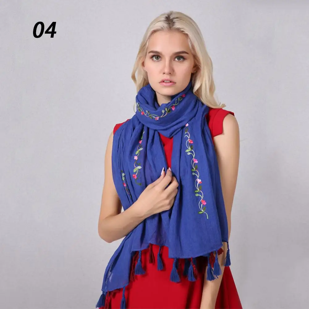 Spasril женские весенне-осенние хлопковые льняные шарфы, двухцветные элегантные длинные шарфы с вышивкой и кисточками, Женский мягкий пляжный шарф для путешествий - Цвет: 04 Diamond Blue