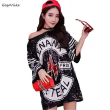 Шикарная женская футболка с блестками и буквенным принтом, женские топы, футболки большого размера, черная певица ulzzang, одежда в стиле панк, большие размеры LT401S30