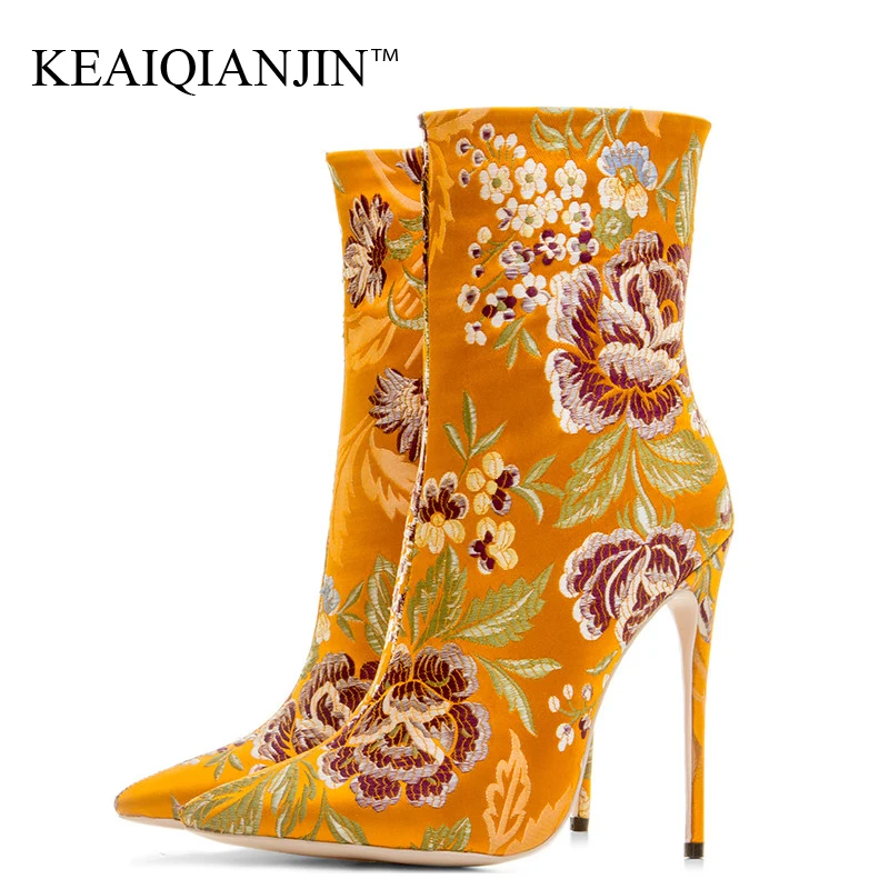 

KEAIQIANJIN Woman Embroider Chelsea Boots Fashion Sexy 12 CM High Heel Shoes Blue Green Plus Size 43 Autumn Winter Boots 2018