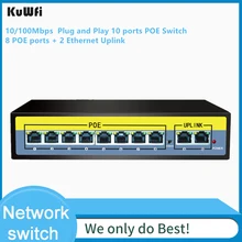 KuWFi 10 портовый коммутатор PoE, 2 порта UpLink, 802.3af/at, 120 Вт Встроенная Мощность, Vlan до 250 м, металлический сетевой коммутатор Plug& Play