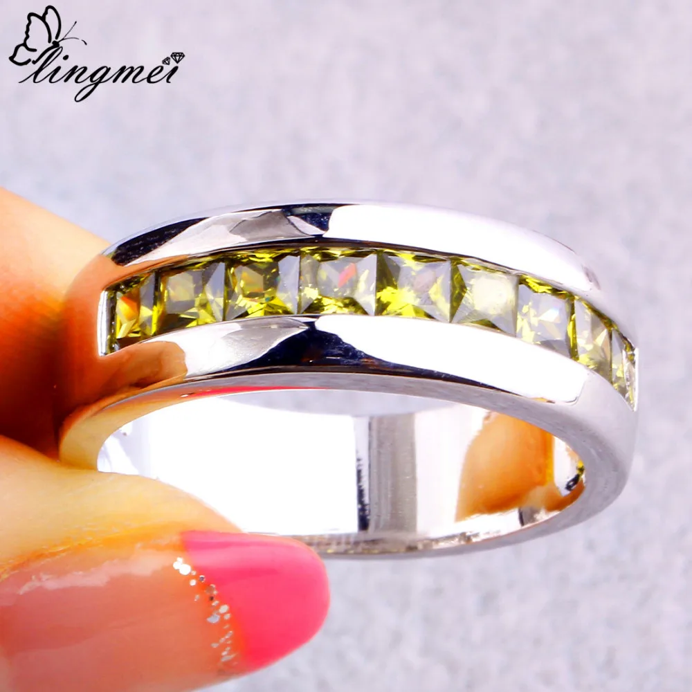 lingmei Wholesale Fashion Unisex Jewelry Princess PeridotSilver Color Ring Size 7 8 9 10 For Women Men Party Rings Free Shipping|ring size|silver