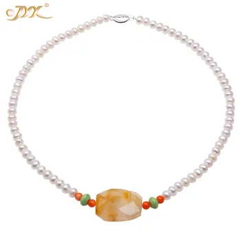 

JYX Elegant choker pearl necklaces 6-6.5mm 100% freshwater pearl necklace with yellow Agate Pearls Pendant jewelry women 18"