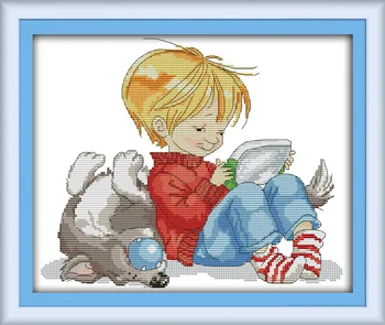

Joy Sunday Children with a dog DMC Counted Chinese Cross Stitch Kits printed Cross-stitch set Embroidery Needlework