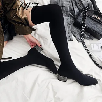 

RLINF 2018 Autumn and Winter New Elastic Socks Boots Rhinestones with Knee Boots